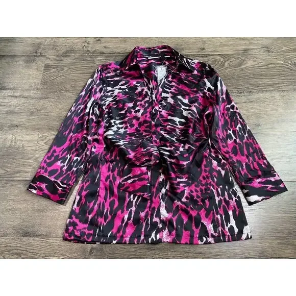 NWT Women New York & Company Stretch Button Up Tie Waist Satin Cheetah Pink Sz M - Picture 1 of 10